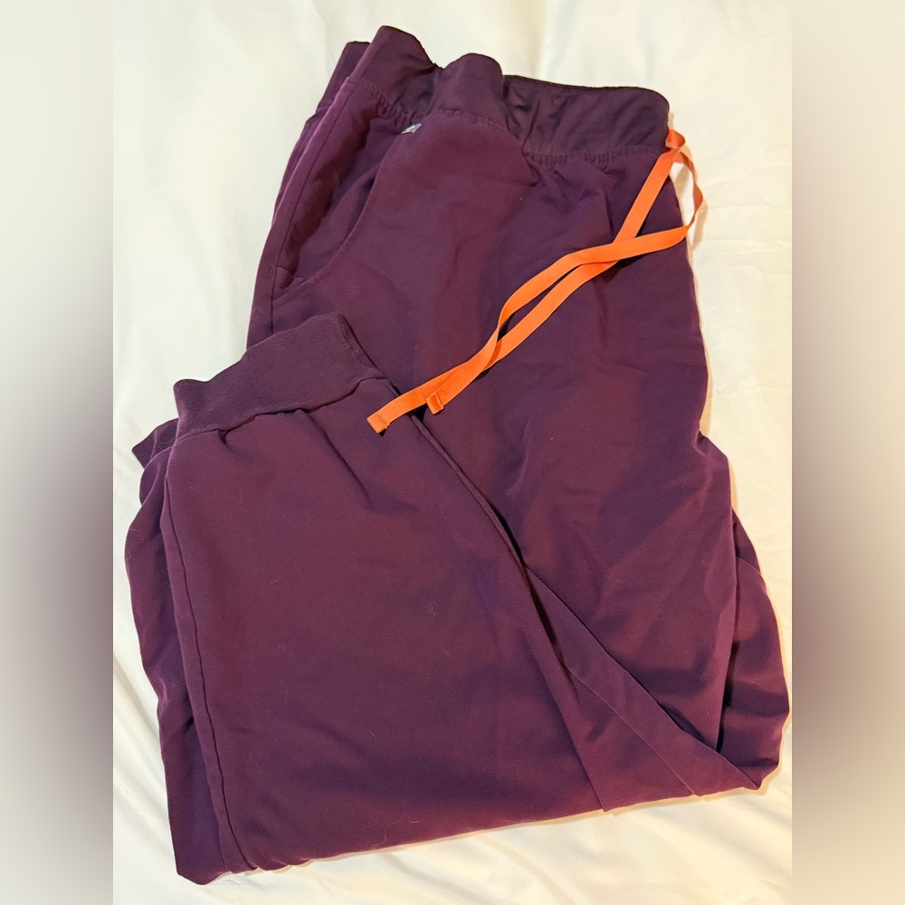 Figs Women's Scrub Pants in Plum with Orange Drawstring